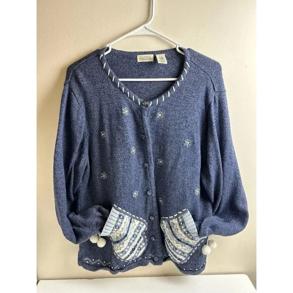 Classic Elements Blue Novelty Beaded Cardigan Sweater Winter Christmas Size XL - Picture 2 of 6